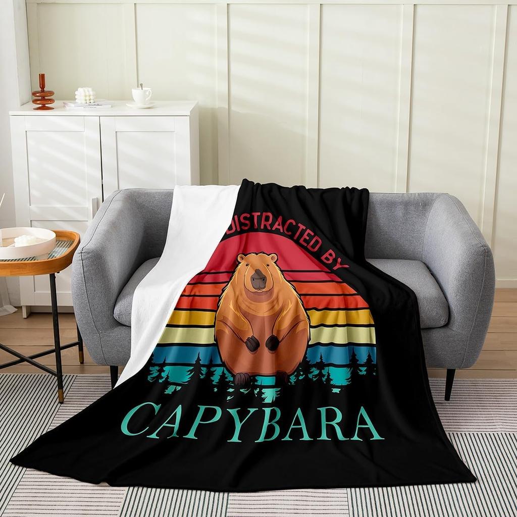 Capybaras Throw Blanket Twin SizeFunny Rainbow Capybara Bed Blanket for Home Bed Sofa CribWoodland Hunting Theme Fleece