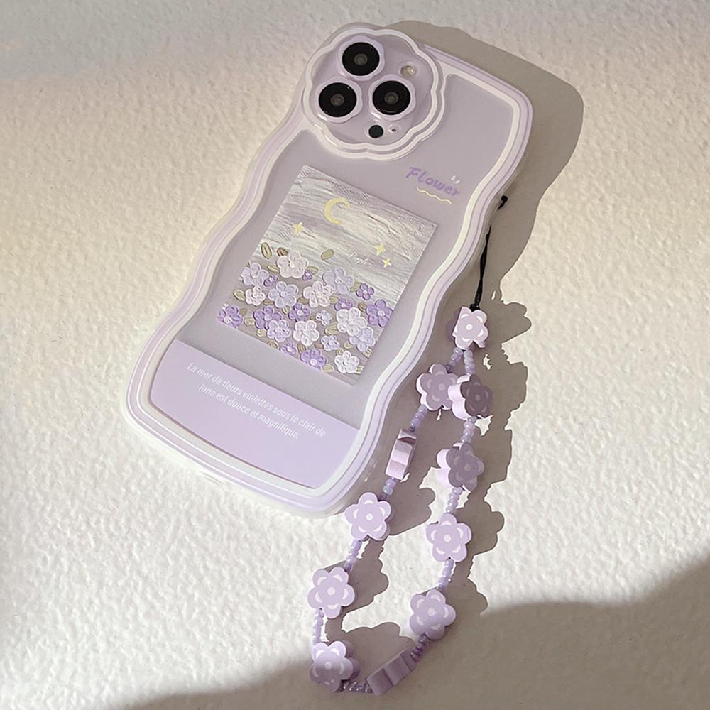 

For iPhone 14 Pro Max Phone Cover Oil Painting Pattern Printing Phone Case Shell with Flower Decor Hand Strap A