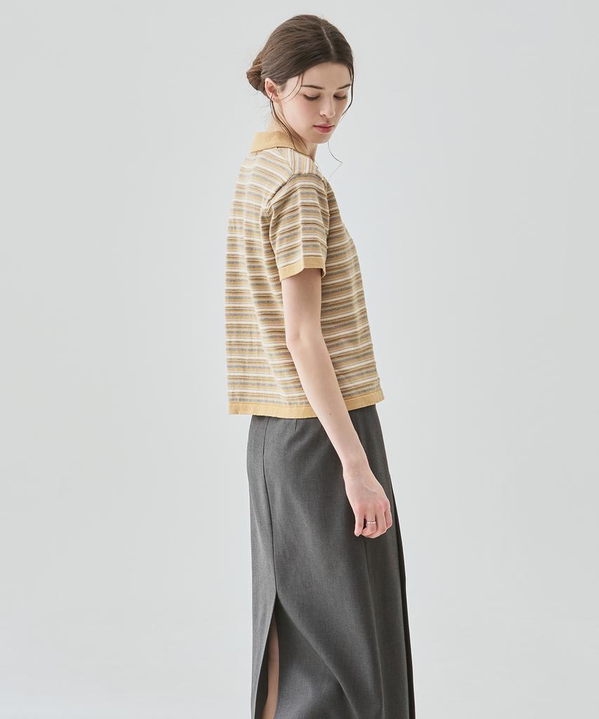 Deuloupisumeon Cotton Striped Short Sleeve Collared Knit [Ivory]