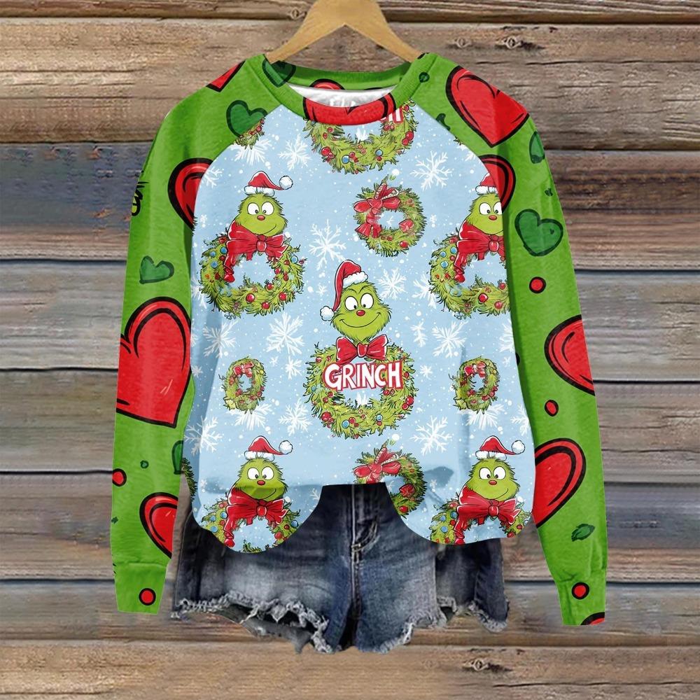 Christmas Fashion Men and Women's T-shirt Green Monster Print O-Neck Pullover Top Casual Outdoor Sweatshirt Kids T-shirt Top Clothing