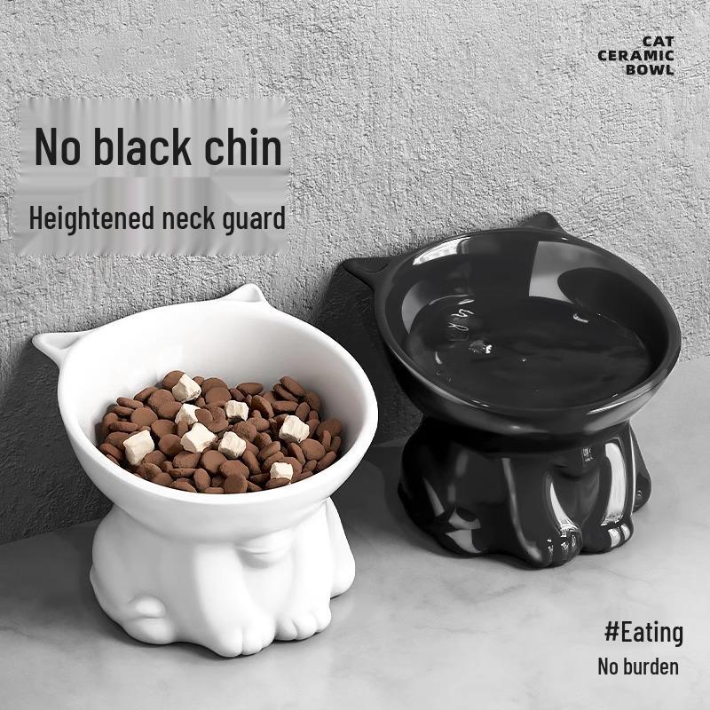 Slanted Black PVC Cat and Dog Bowl - High-Footed, Anti-Tip Design To Protect Cervical Spine