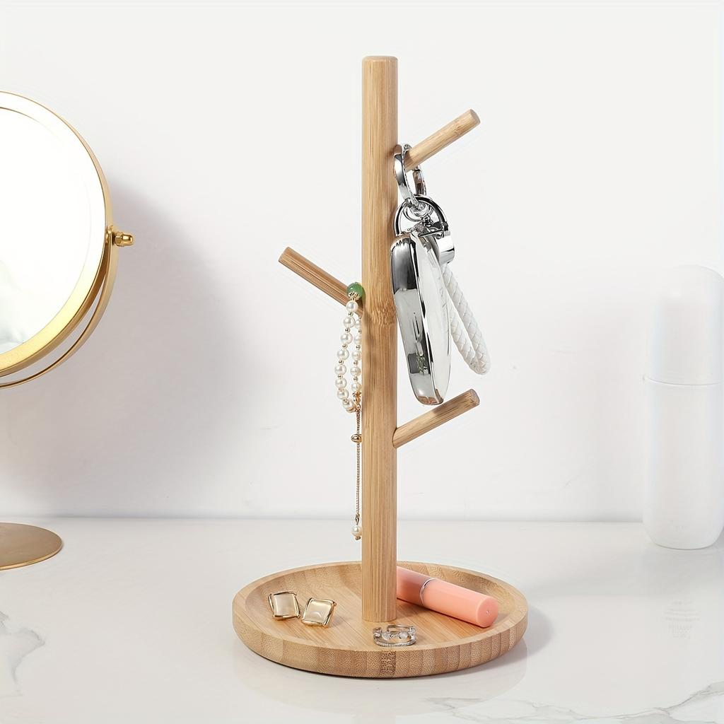 Bambusový závěsný stojan na šperky do koupelny, držák na náhrdelníky a náramky s bambusovým táckem na misky pro vystavení náušnic