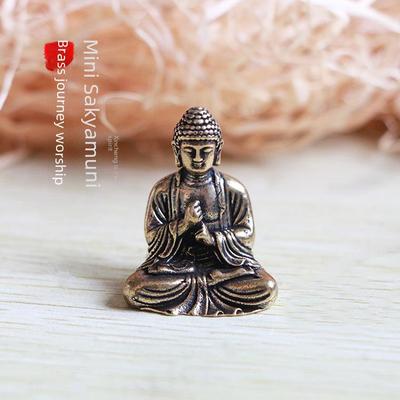 Minia tīra misiņa Sakjamuni Budas statuja, retro ķīniešu stila ornaments ceļojumu pielūgsmei vai galda dekorēšanai