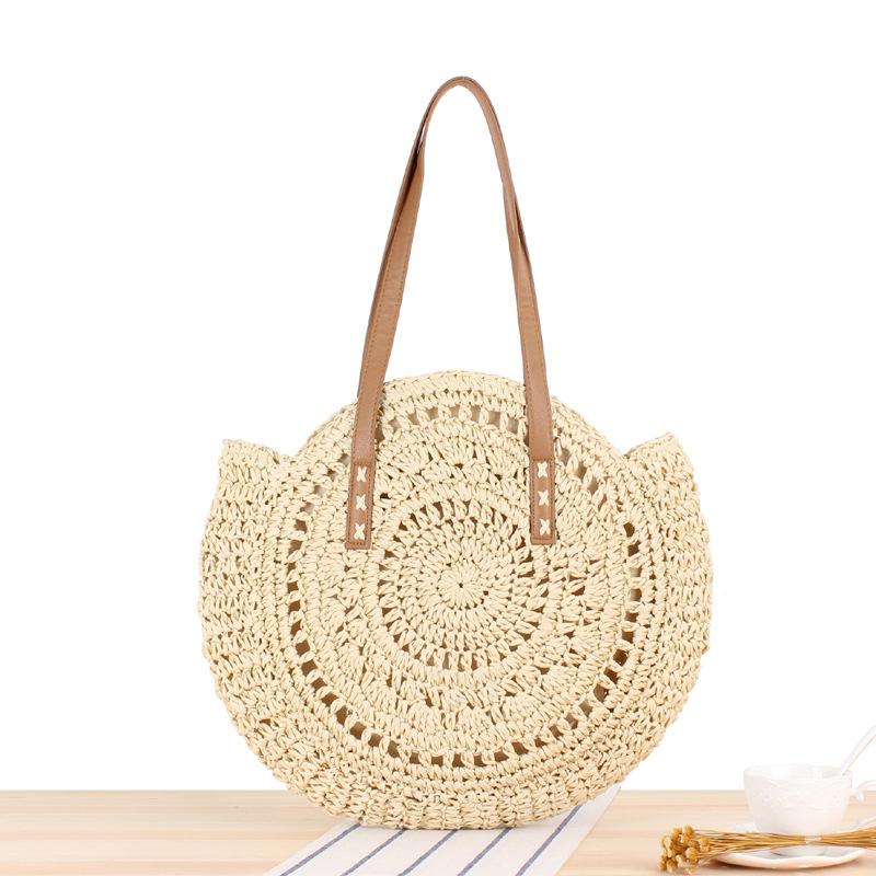 Women Boho Woven Handbag Summer Beach Tote Straw Bag Round Rattan Shoulder Bag