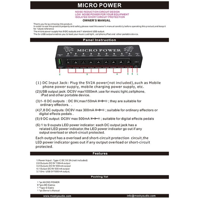9 Output Adjustable Voltages Multiple Effect Pedal Power Supply Compact Light Weight for Guitar Studio Equipment