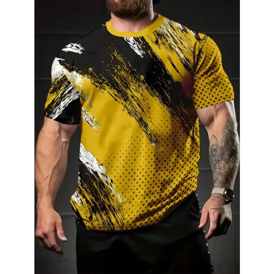 Men Cool Contrast Color 3D Print T-shirts for Tie Dye Stretch Polyester Sportwear Short Sleeve Tops Summerwear
