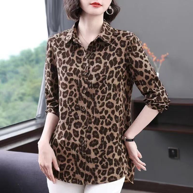 Chiffon Western Style Shirt Women's Large Size Printed Loose Top Slimming Shirt Fashion Leopard Print Small Shirt