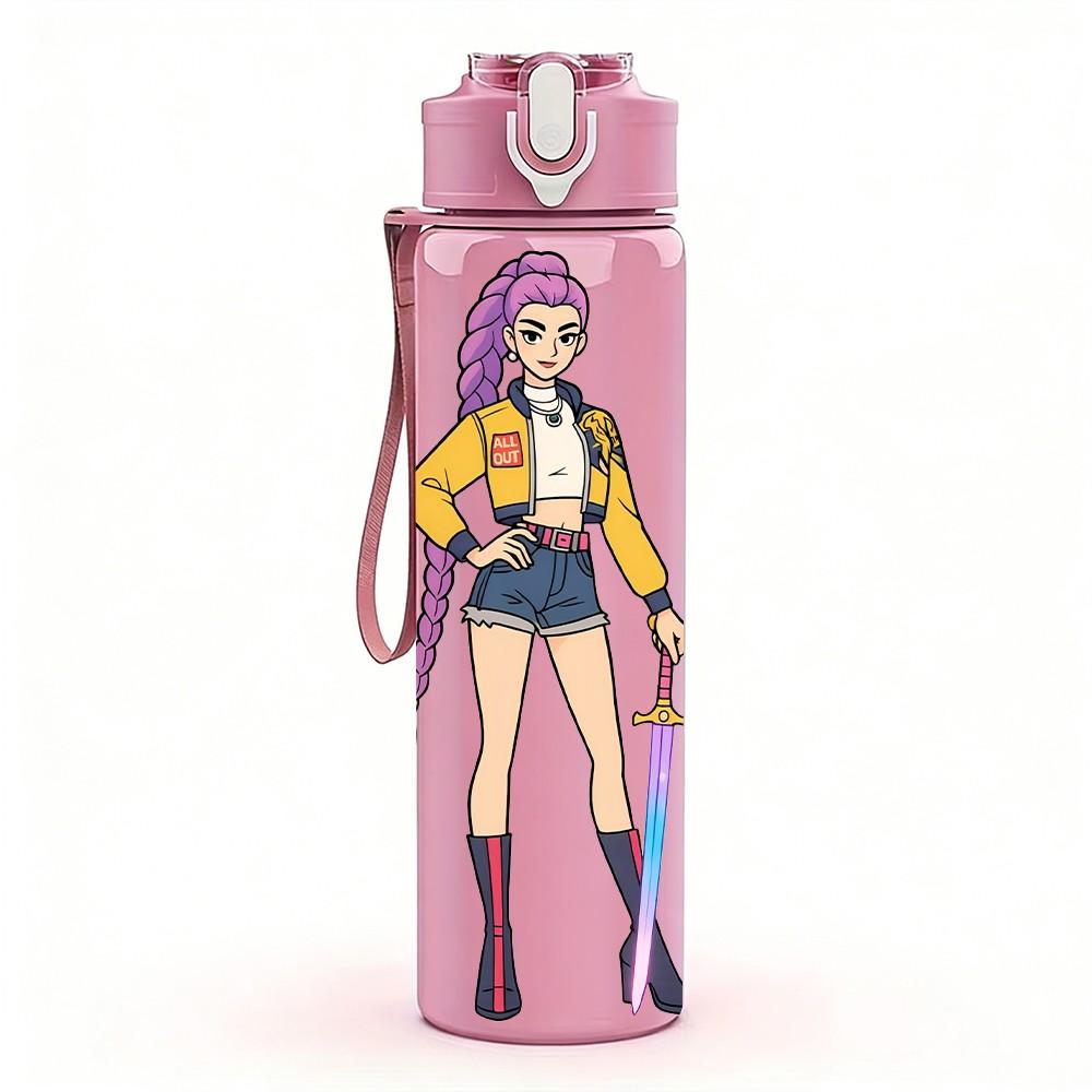1PC Purple Outfit Girl Warrior 750ml Color Plastic Sports Water Bottle Leakproof Flip Straw Lid Suitable for Sports Office Home Use