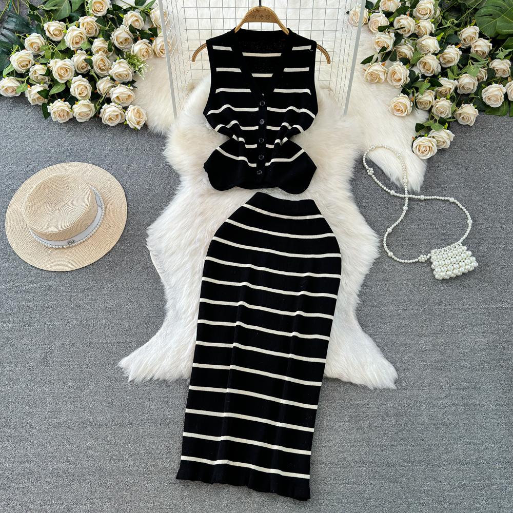 Conjuntos de 2 peças roupas femininas listradas malha sem mangas decote em v tanque + saias envolventes verão cintura alta saia conjunto moda dropship