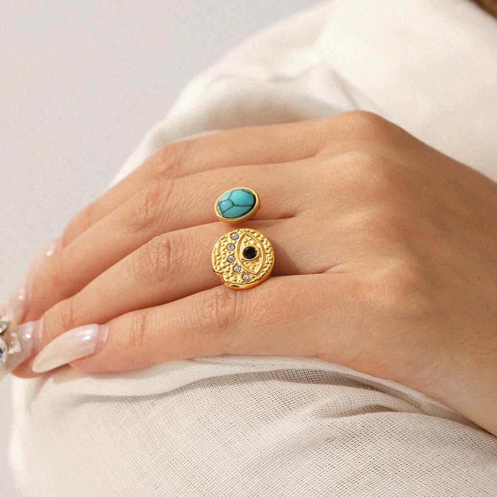 French Retro Turquoise Evil Eye Stainless Steel Ring for Women, Non-fading Ring, Niche Light Luxury Hand Jewelry