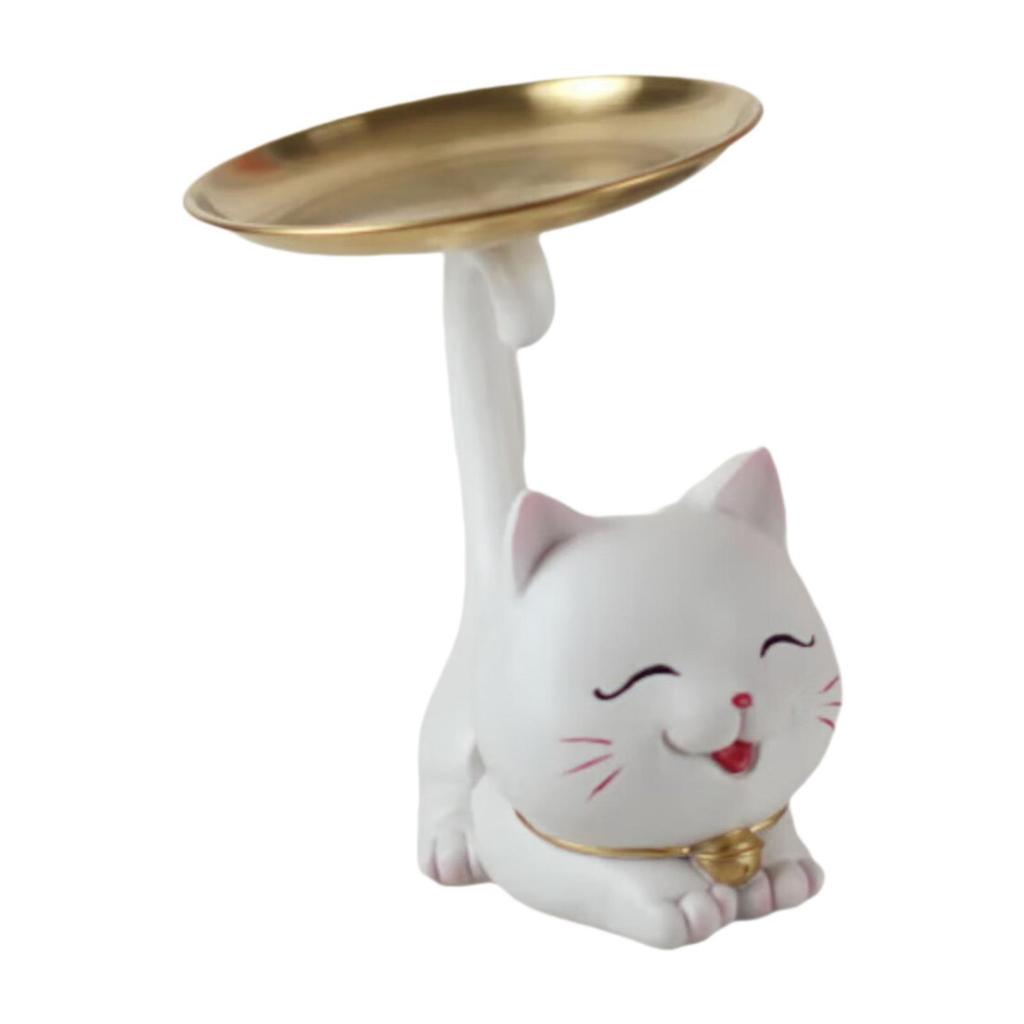 Cartoon Cat Statue with Tray Art Crafts Fine Workmanship Collecting Table Ornament for Bedroom Shelf Entrance Living Room Porch