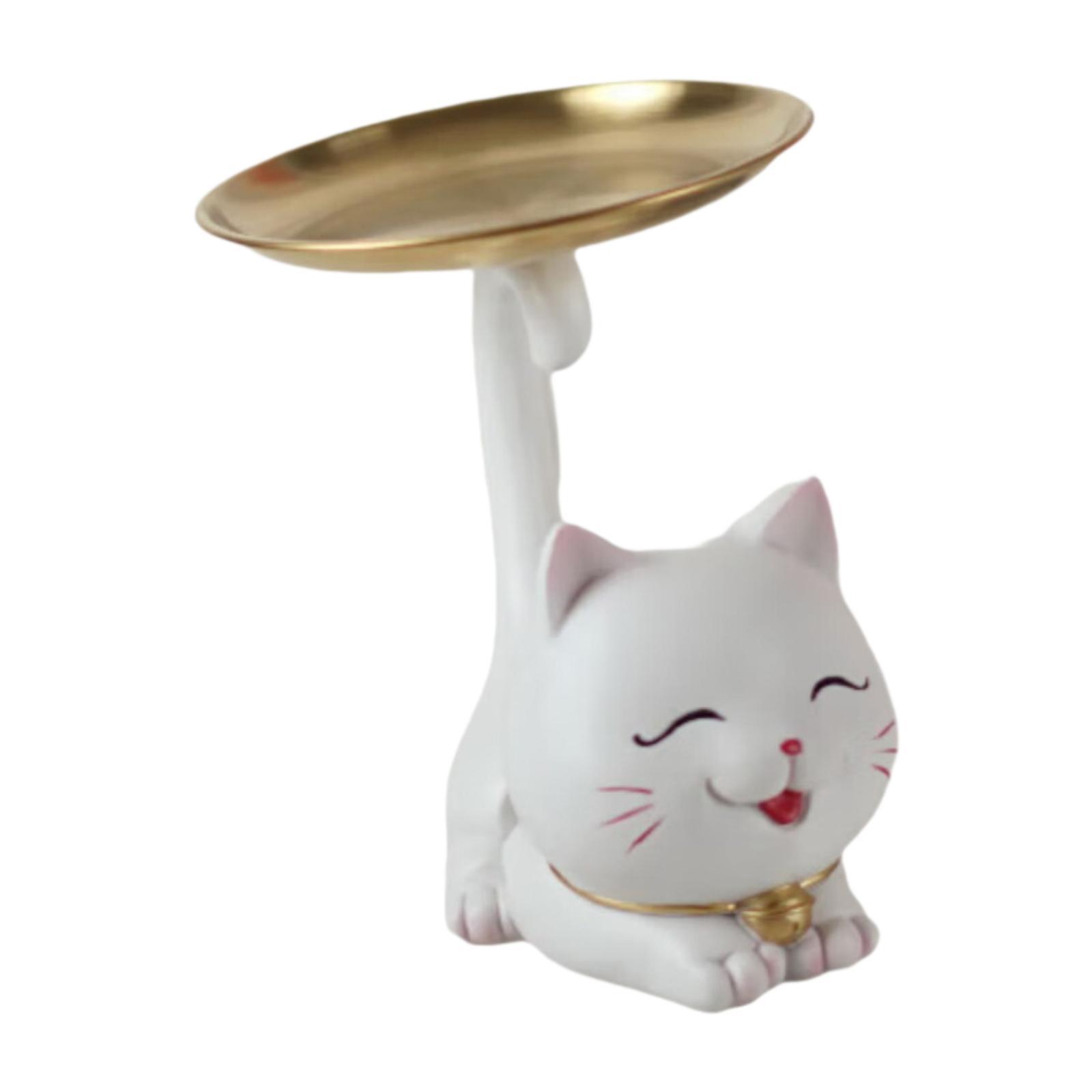 

Cartoon Cat Statue with Tray Art Crafts Fine Workmanship Collecting Table Ornament for Bedroom Shelf Entrance Living Room Porch