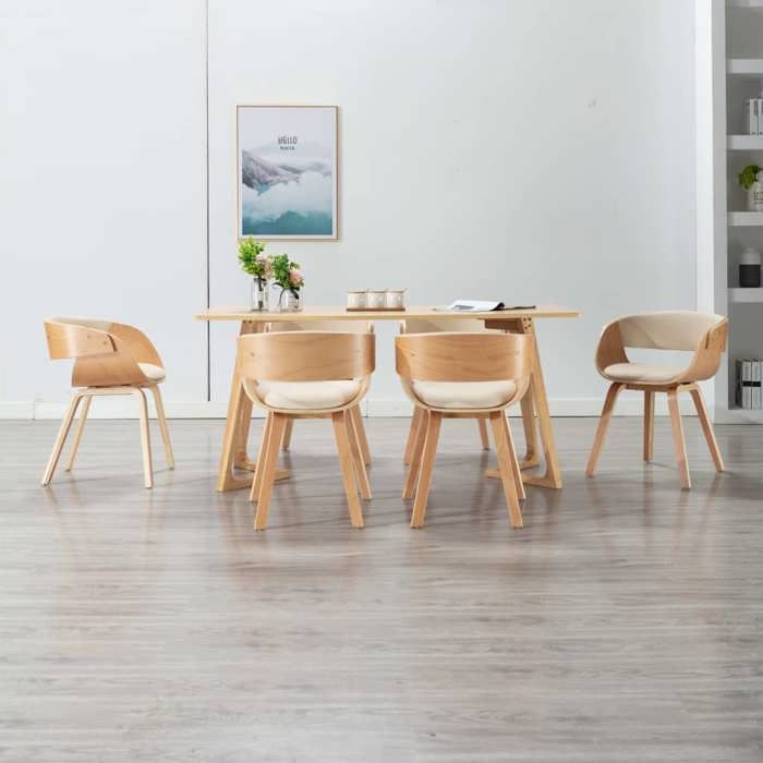 Dining Chairs - EXCLUSIVE HOUSE - Set of 6 - Cream Faux Leather - Solid Wood - Padded Seat