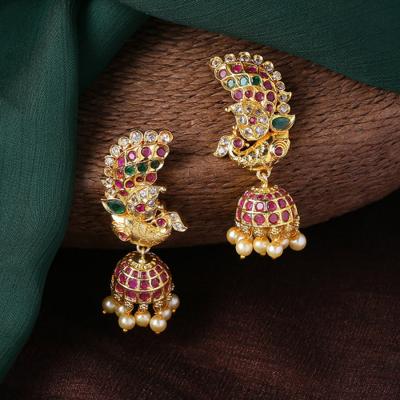 Women Designer Jhumki Earrings with Gold Plated CZ Peacock Pearl and Coloured Stones