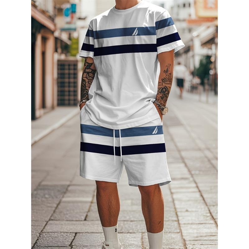Ensemble Deux Pièces Homme Casual Été 2025 T-shirt Manches Courtes Imprimé Rayures Ensemble Short de Sport Ensemble Fitness
