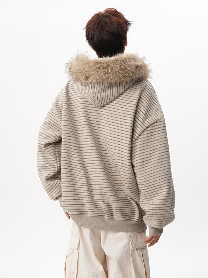 Unisex American Retro Striped Hoodie with Fur Collar - Autumn/Winter Casual Loose Cardigan