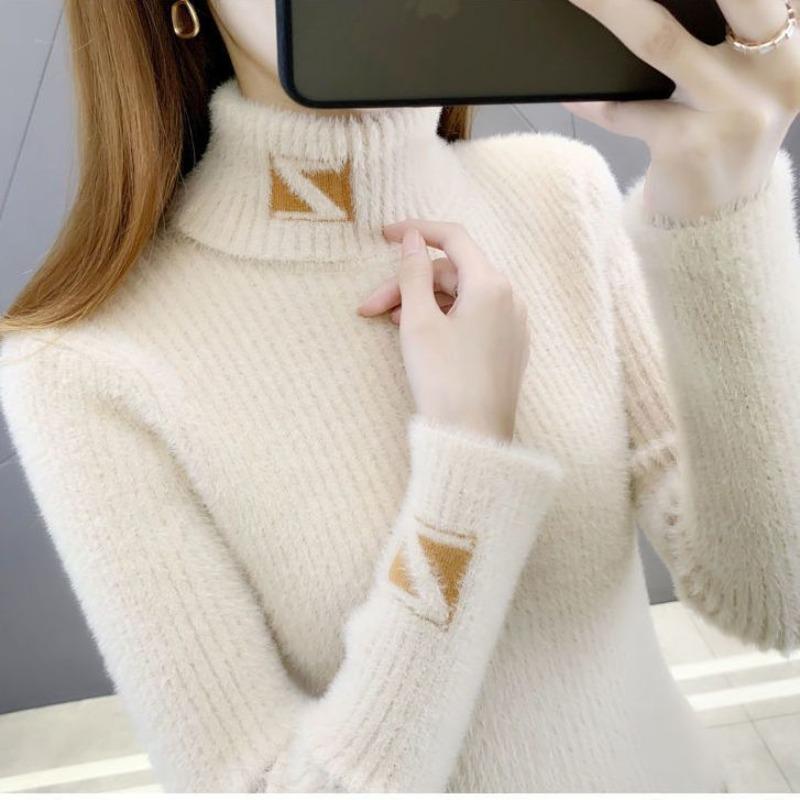 Imitation Mink Velvet Does Not Shed Hair. New Jacquard Slim-fitting Inner Double-layer Collar Turtleneck Knitted Bottoming Sweater for Women