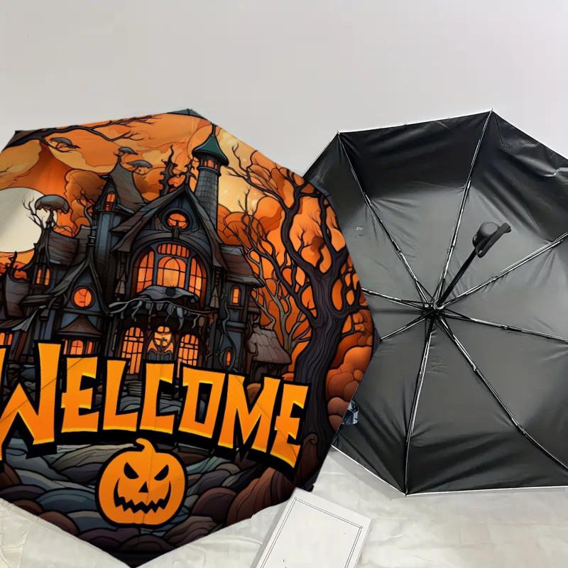 1pc Halloween Haunted House Welcome Sign Umbrella with Plastic Handle,Suitable for All Seasons Home Travel Outdoor UmbrellaDD513