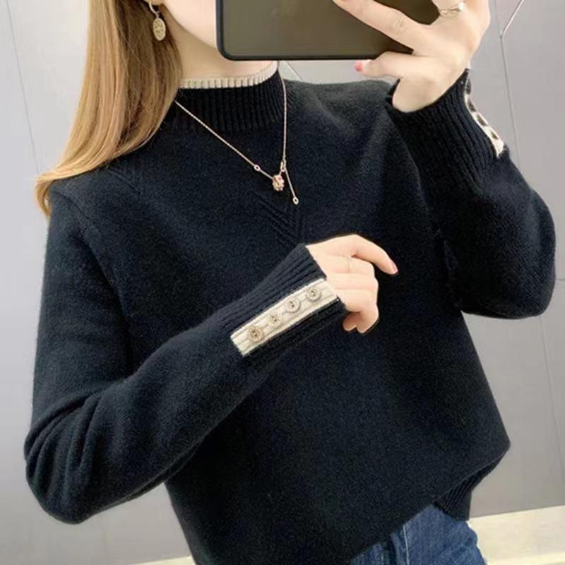Autumn and Winter New Women's Loose Outside The Short Section of Semi-high Neck Sweater Long-sleeved Inner Take Foreign-style Knitted Bottoming Shirt