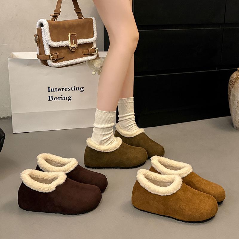 Women's lightweight thick sole one foot stirrup winter warm fur one snow boots plush lining non-slip casual sports cotton boots fur shoes