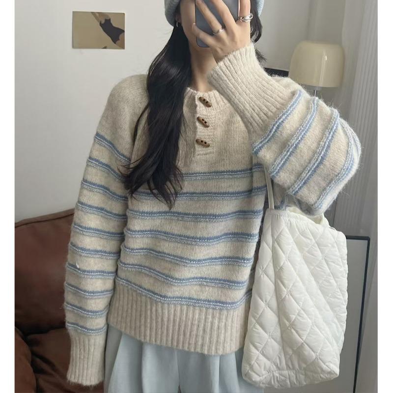 

Укороченный пуловер с пуговицей в углу, осенне-зимний, новая цветовая гамма, полосатый, мягкий, восковой, повседневный, свободный вязаный свитер для женщин one size fits all абрикосовый