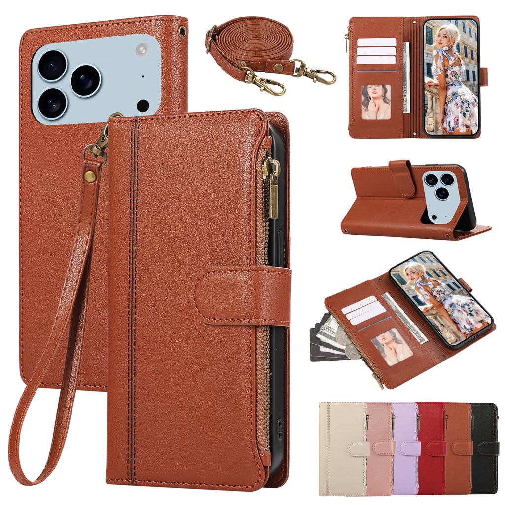 Crossbody Wrist Strap Wallet with Card Holder Phone Case for IPhone 17 Air 16 Plus 15 14 13 12 11 Pro Max XS XR Leather Cover