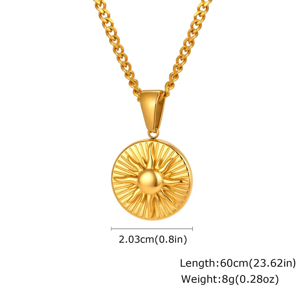 Vinage Sun Radiance Necklace for Men Boys,Gold Plated Stainless Steel Round Pendant Necklace,Hip-hop New Jewelry Gift
