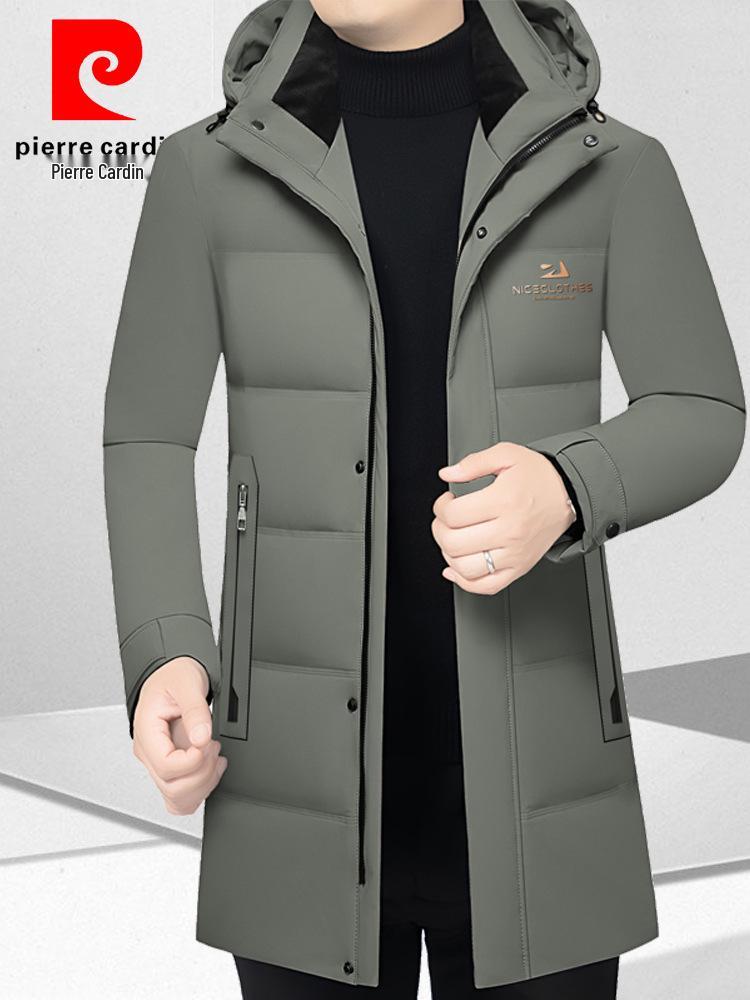 Pierre Cardin Men's Mid-Length Goose Down Jacket with Detachable Hood - Winter Business Casual Thick Outerwear