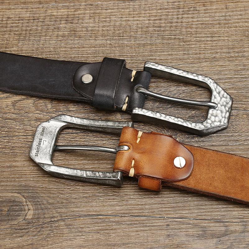 Belt Men's Retro Personality Hammered Stainless Steel Buckle Genuine Cattlehide Leather Surface Trendy All-Matching Jeans Belt Men