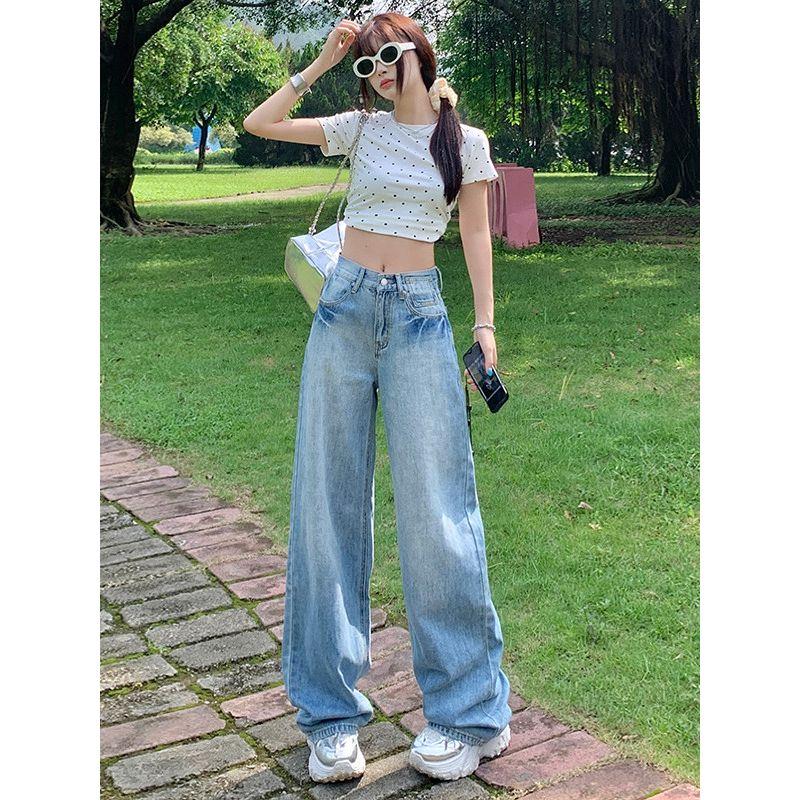 2025 Summer New Arrival Loose Straight-leg Denim Women's Small American Retro Washed Easiest for Match Drooping Wide-Leg Pants
