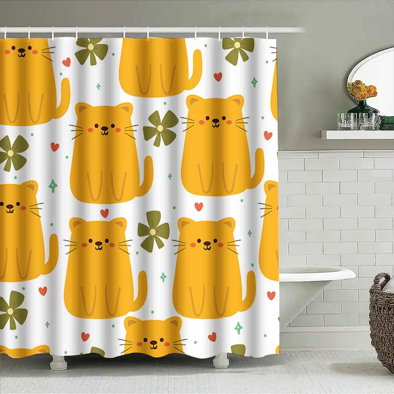 Bright Yellow Cat Shower Curtain with Cute Cartoon Patterns Modern Bathroom Decor for Kids Room or Bathing Area (180x180cm)