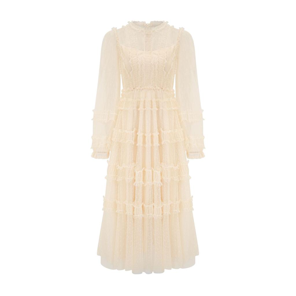 Neues Rundhals-Langarmkleid Taillenbetonendes Feenkleid Brautjungfernkleidung Schwesterkleidung Mittellanges und Langes Kleid