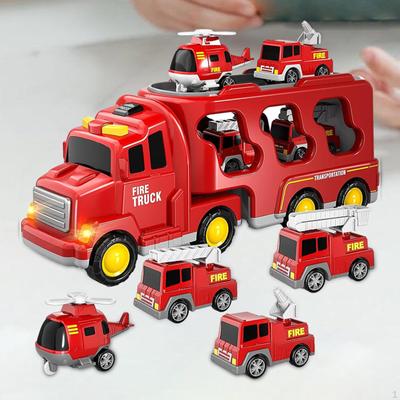 Fire Truck Car Toy 7 In 1 Carrier Transport Friction Power with Lights and Sounds for Age