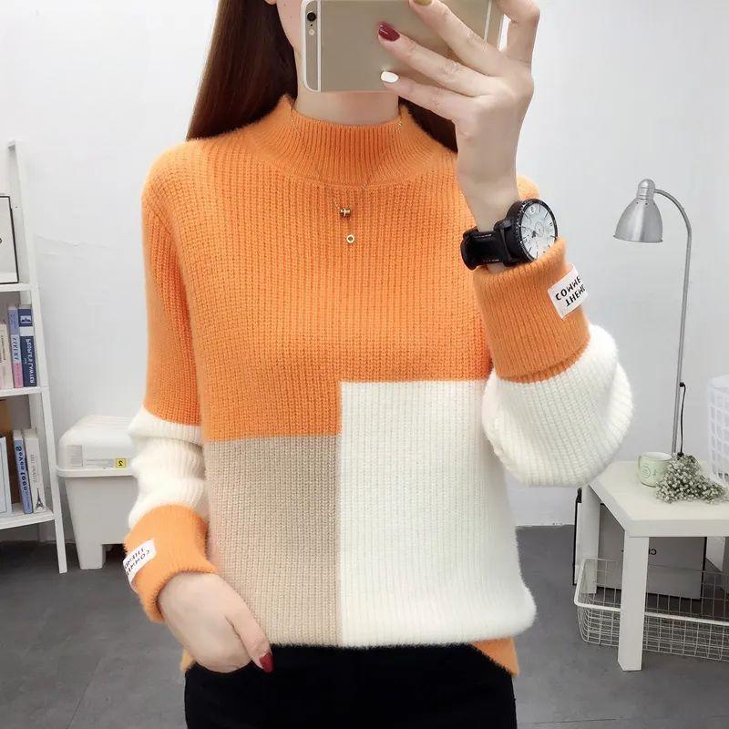 Women's Mink Fleece Sweater Autumn and Winter Half-turtleneck Knitwear Color-blocked Half-turtleneck Pullover Sweater