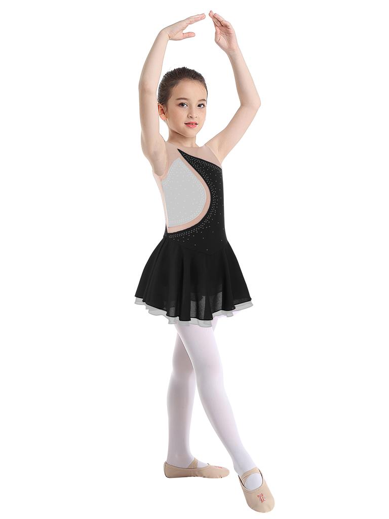 RUNQHUI Girls Sleeveless Sparkly Rhinestone Ballet Figure Ice Skating Dress Dance Gymnastic Leotard Skirt Black 14