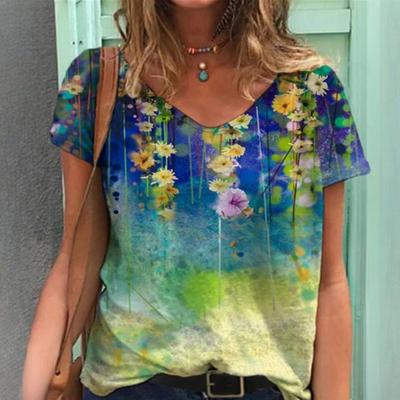 Γυναικείο T-shirt με κοντό μανίκι και V λαιμόκοψη, πολύπλευρο, τυπωμένο με λουλούδια και ζωγραφική