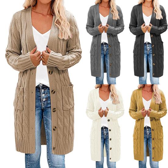 Solid Color Long Sleeve Women Cardigan Button Down Pockets Open Front Twist Sweater Coat Outerwear
