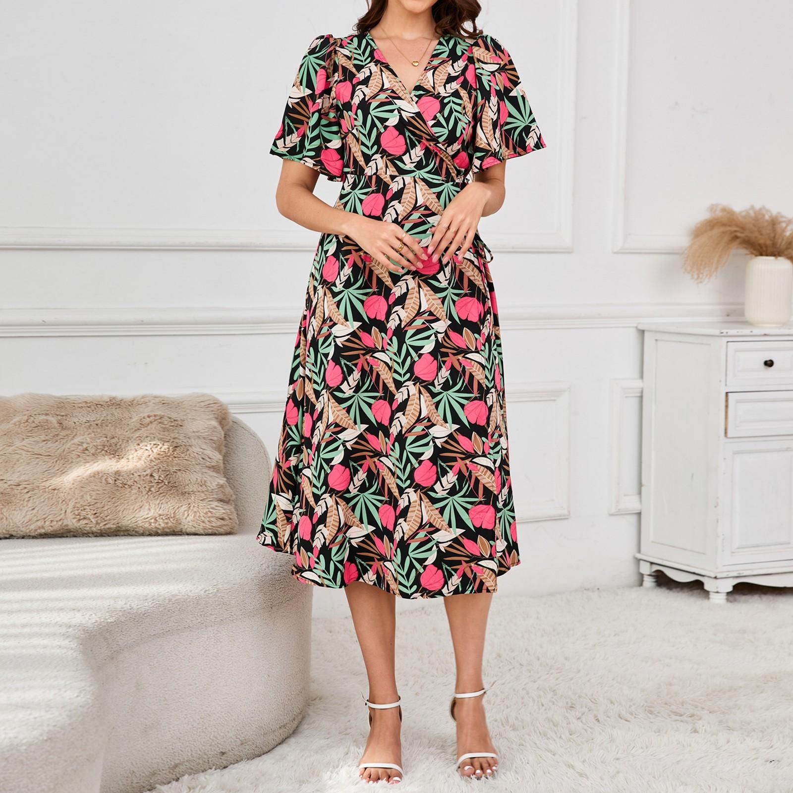 

Жіночі повсякденні літні сукні з коротким рукавом, весняна сукня печворк бохо з квітковим принтом для коктейльної вечірки M чорний