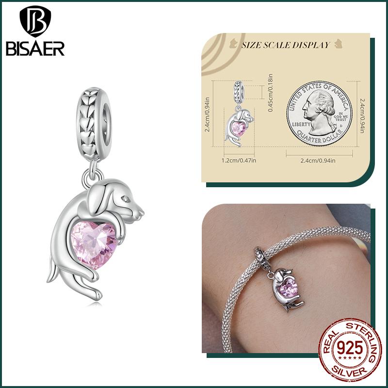 BISAER Plata 925 Encanto Lindo Perro Cuentas Perro Salchicha Mascota Animal Colgante Chapado en Platino Apto Mujeres Pulsera DIY Joyería Fina