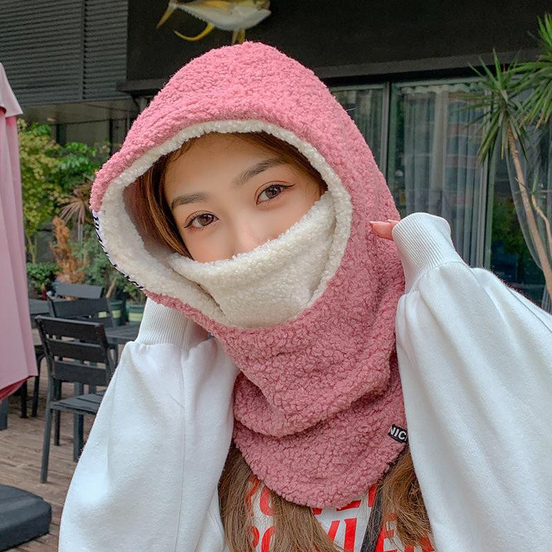 Lamb Wool To Keep Women Warm In Winter, Thickened Anti-wind and Cold, Ear Protection, Face, Scarf, Mask, Integrated Hat, Cycling