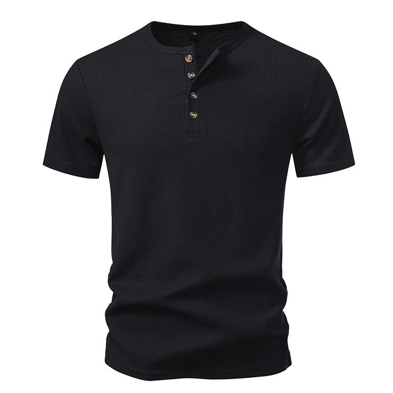 Men's Embossed Geometric Pattern Henley T-Shirt - 4-Button Placket Short Sleeve Casual Slim Fit Daily Tops In 3 Versatile Color Options