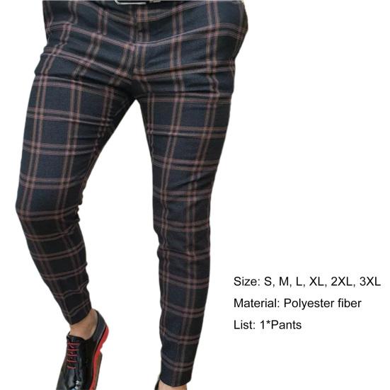 Men Pants Plaid Slim Spring Autumn Mid-rise Checkered Pattern Pencil Pants for Daily Wear