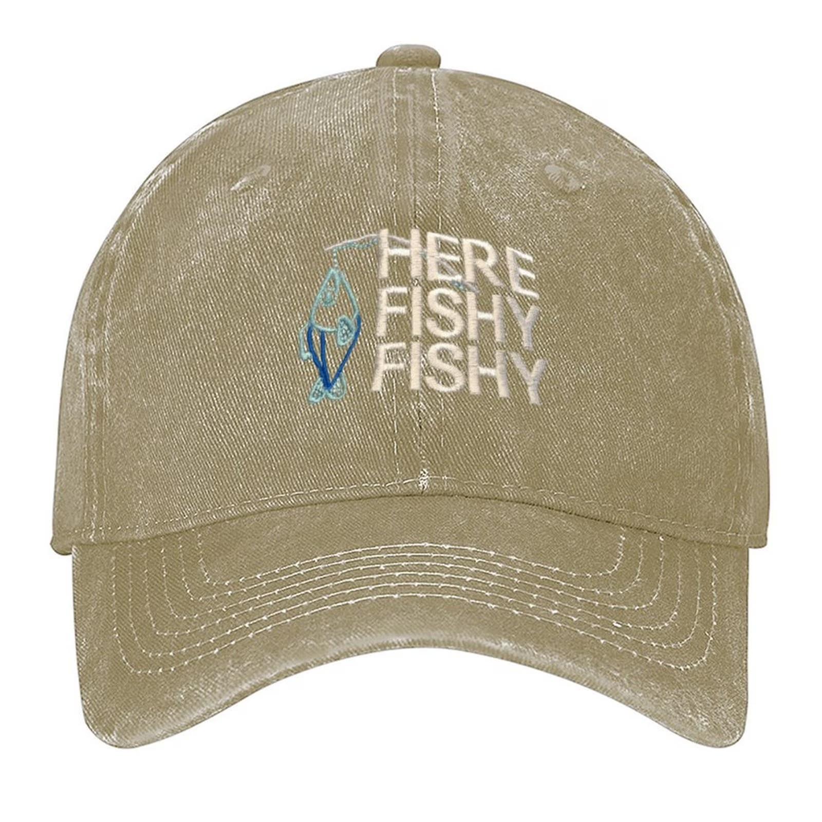 Here Fishy Fishy Fishing Graphic Vintage Wash Baseball Cap Casual Outdoor Adjustable Dad Hat One Size