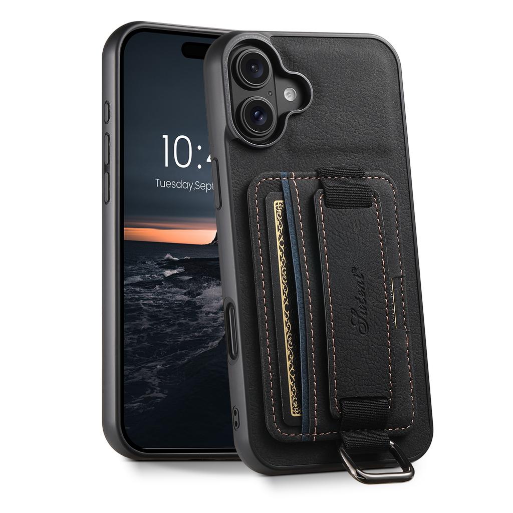 SUTENI H13 For iPhone 16 Case Litchi Texture Leather+TPU+PC Cover with Card Holder Kickstand