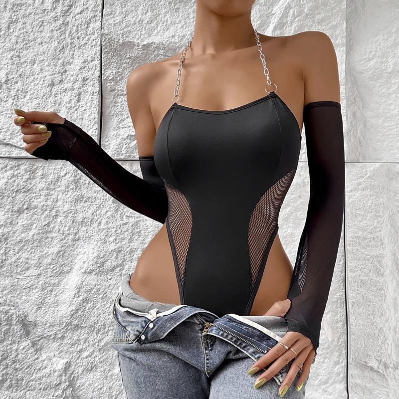 New Sexy Bare Shoulder with Gloves Chain Hanging Neck One-piece Erotic Underwear Set