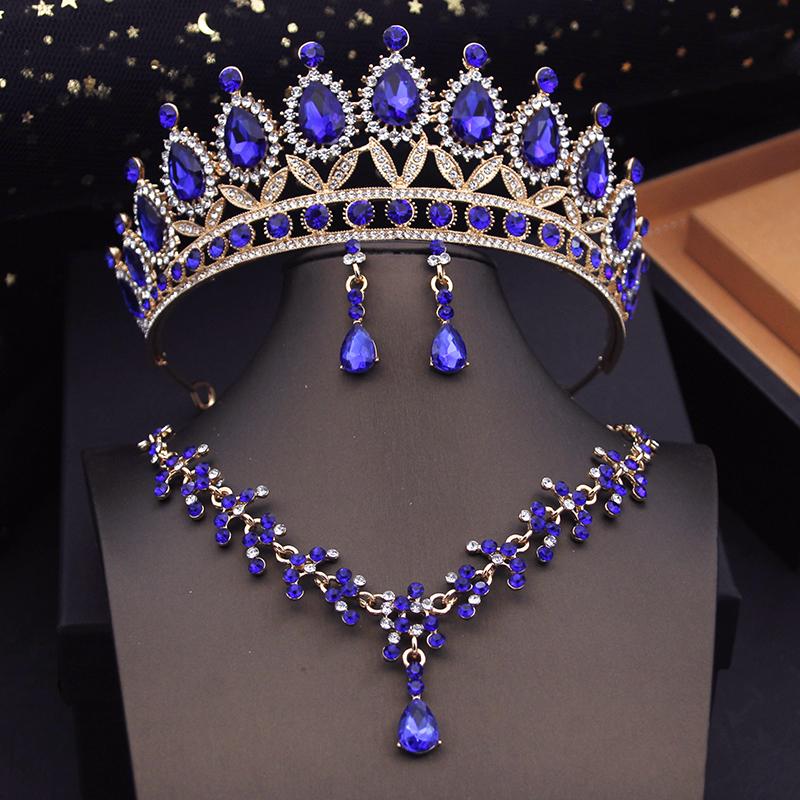 Luxury Purple Bridal Jewelry Sets for Women Choker Necklace Earrings With Crown Wedding Bride Set Costume Accessories
