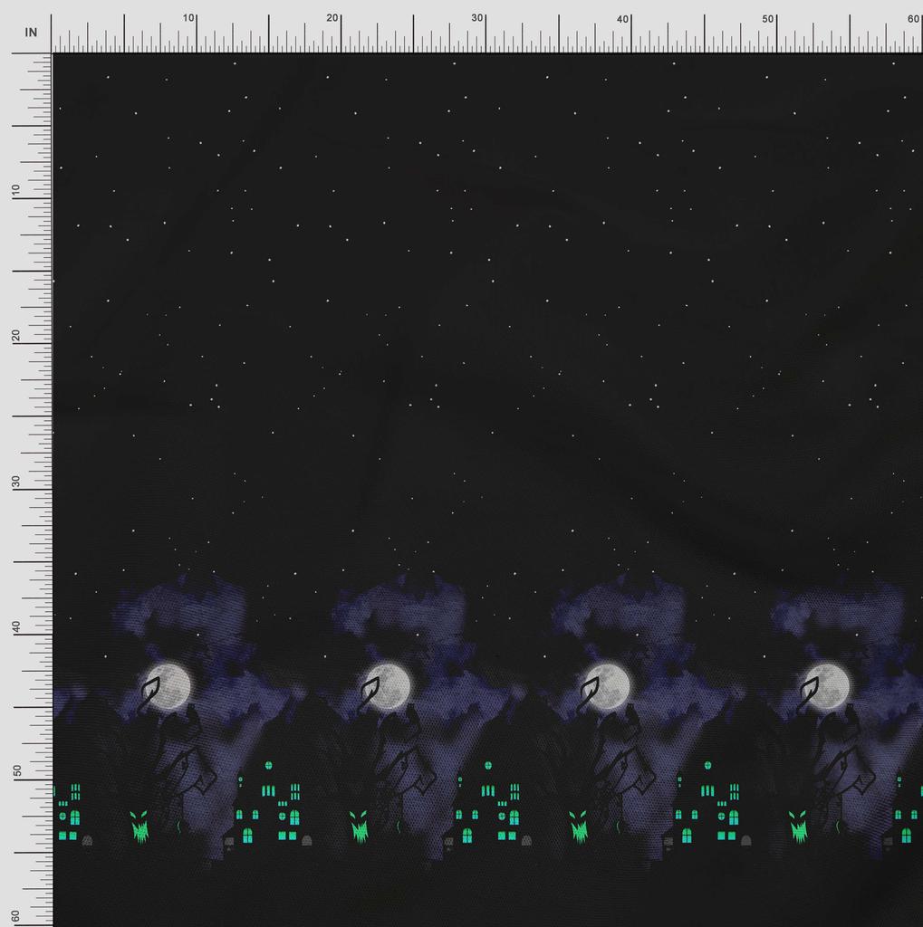 Soimoi Japan Crepe Satin Fabric Tree|Moon & Haunted House Panel Printed Craft Fabric by the Metre 42 Inch