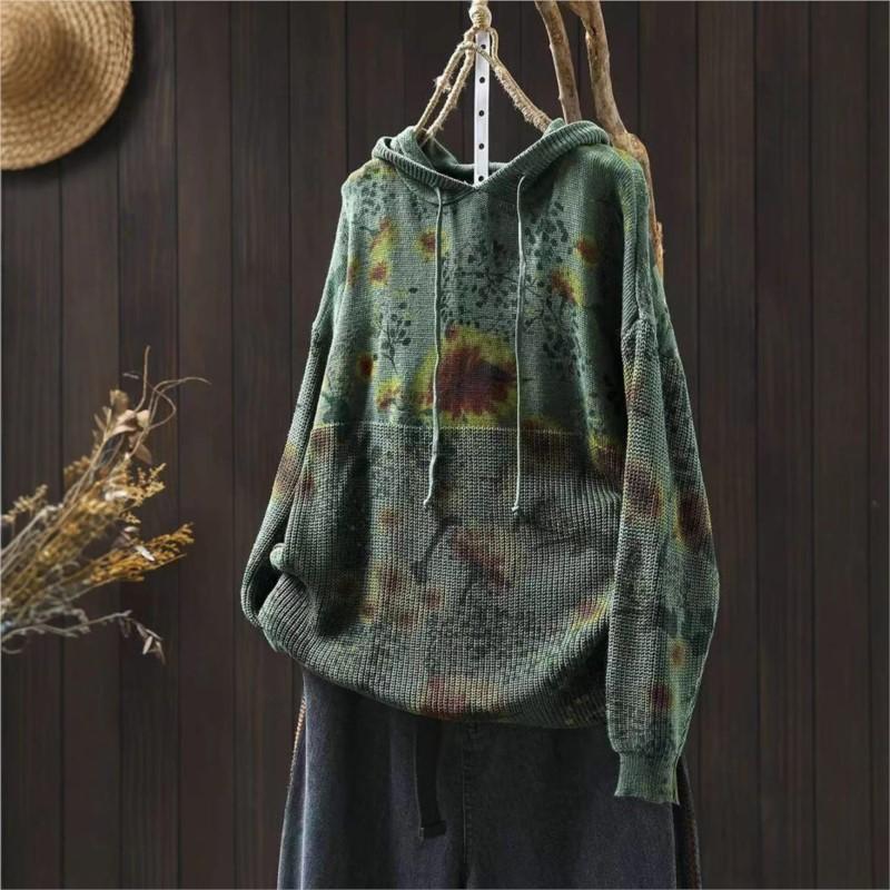 Vintage Print Drawstring Fashion Hooded Sweater Woman Winter Loose Long Sleeves Casual Sweater
