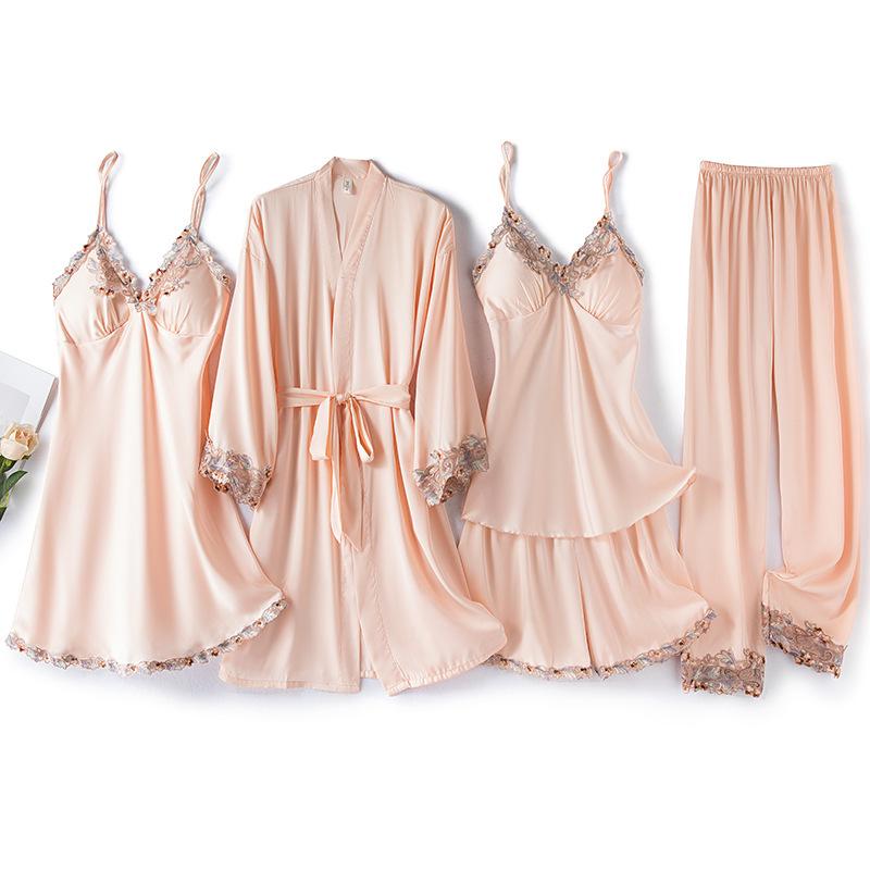 Ice Silk V-Neck Camisole & Pajama Set for Women - 5-Piece Spring & Autumn Collection