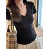 American retro V-neck short-sleeved T-shirt women's summer basic solid color inner slim-fitting top bottoming shirt